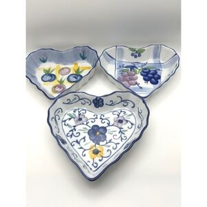 Vintage Heart Shaped Ceramic Trinket Dishes Set of 3 Fruit Floral Blue White